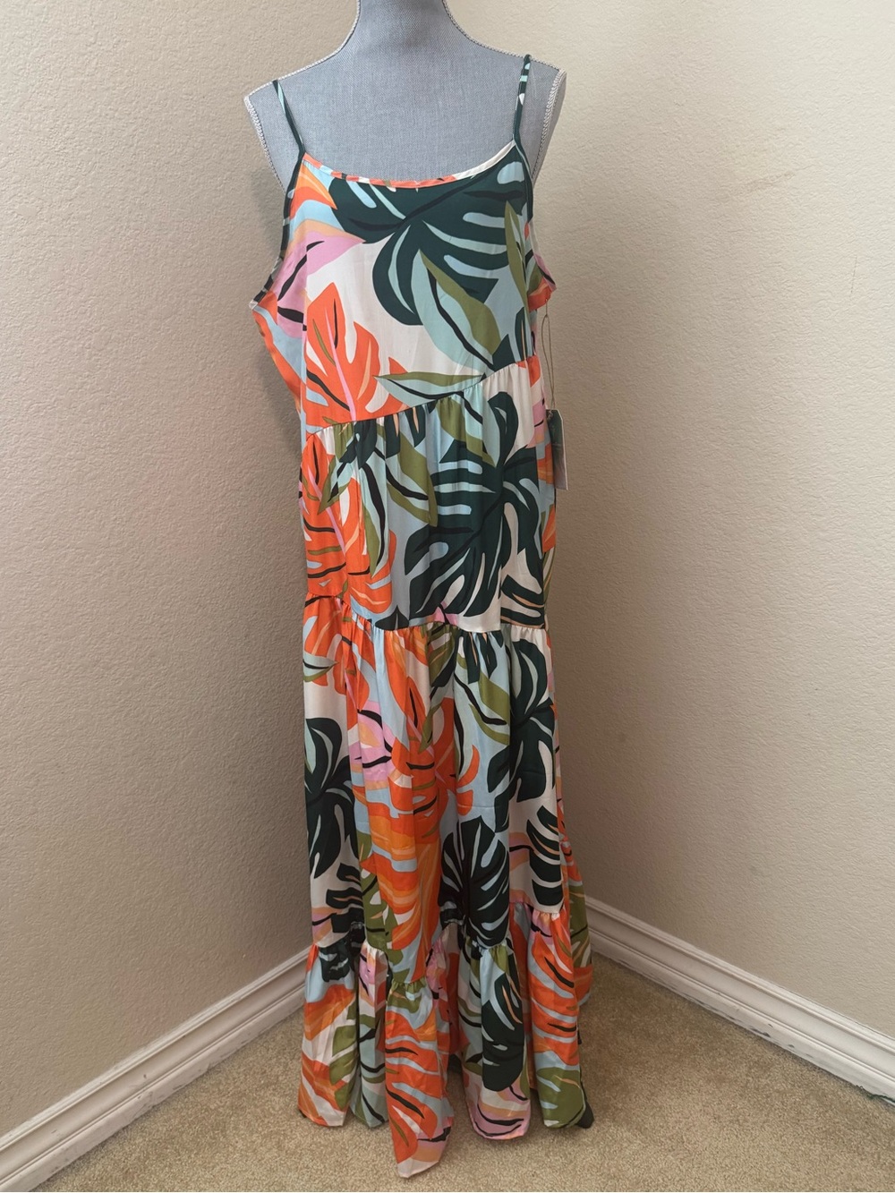 Tropical Leaf Print Maxi Swim Coverup - Orange & Green